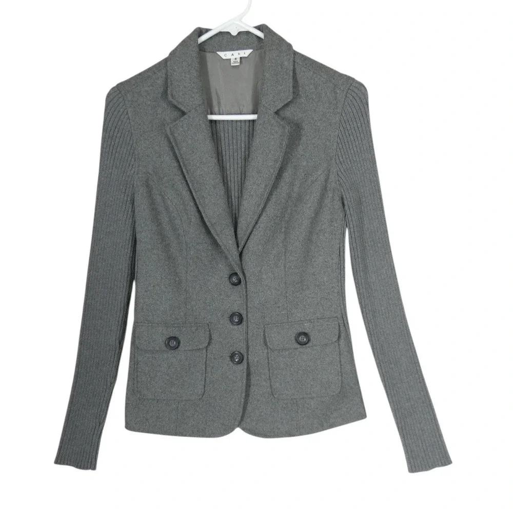 Cabi Gray Wool Blend Blazer 119 Small Stretch Ponte Career Button Front Jacket‎